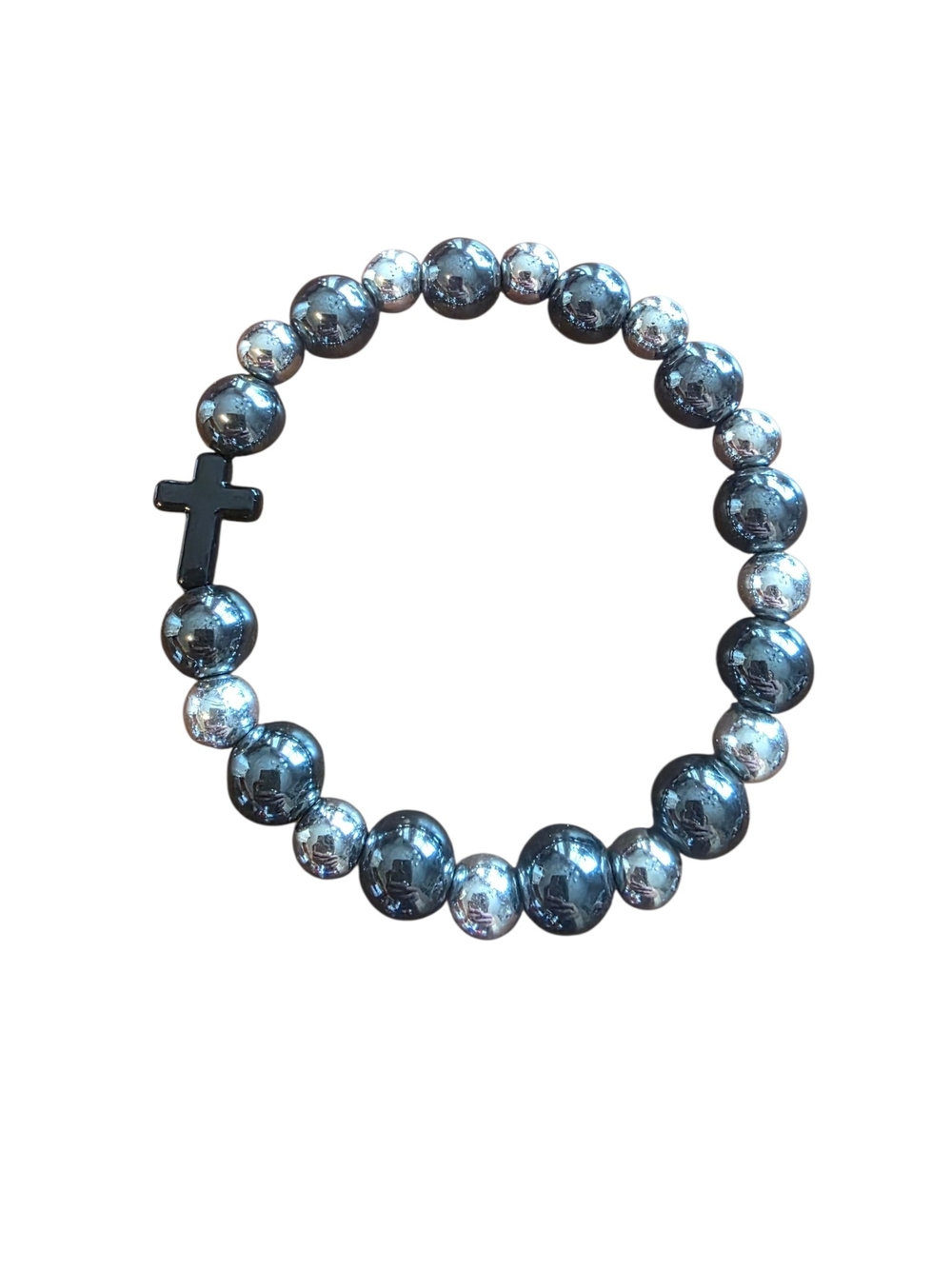 Handcrafted Black Hematite and  Cross Stretch Bracelet
